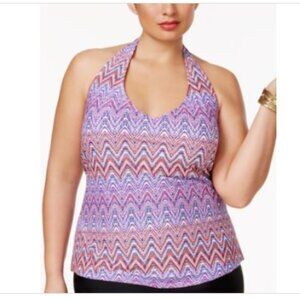 Island Escape Plus Size Zig Zag Shores Printed Halter Tankini Top Women's Swimsu
